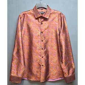 Barry Wang Shirt Men Large Blue Paisley Silk Blend Button Down Dress Long Sleeve